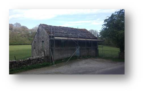 An image of the Temperance Hall from the front with the scaffolding up