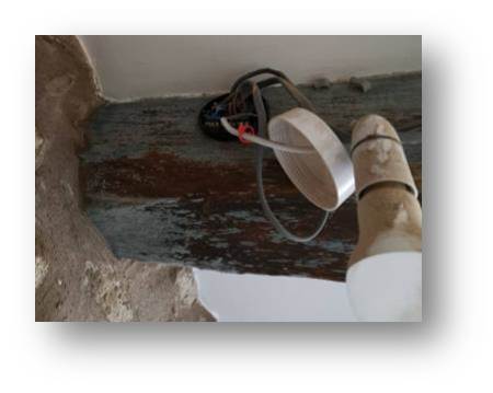 What looks like pinnicillin mold on one of the beams following a really damp spell of weather.