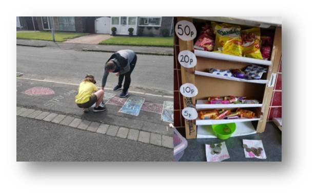 Making outdoor games for people to play and using a tuck-shop to learn about money and working out your change.