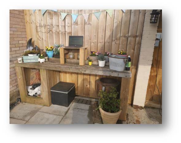 Home Working with a difference with a standing desk laptop stand in the garden