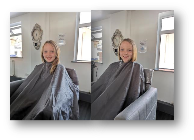 Emily before and after her big hair styling appointment